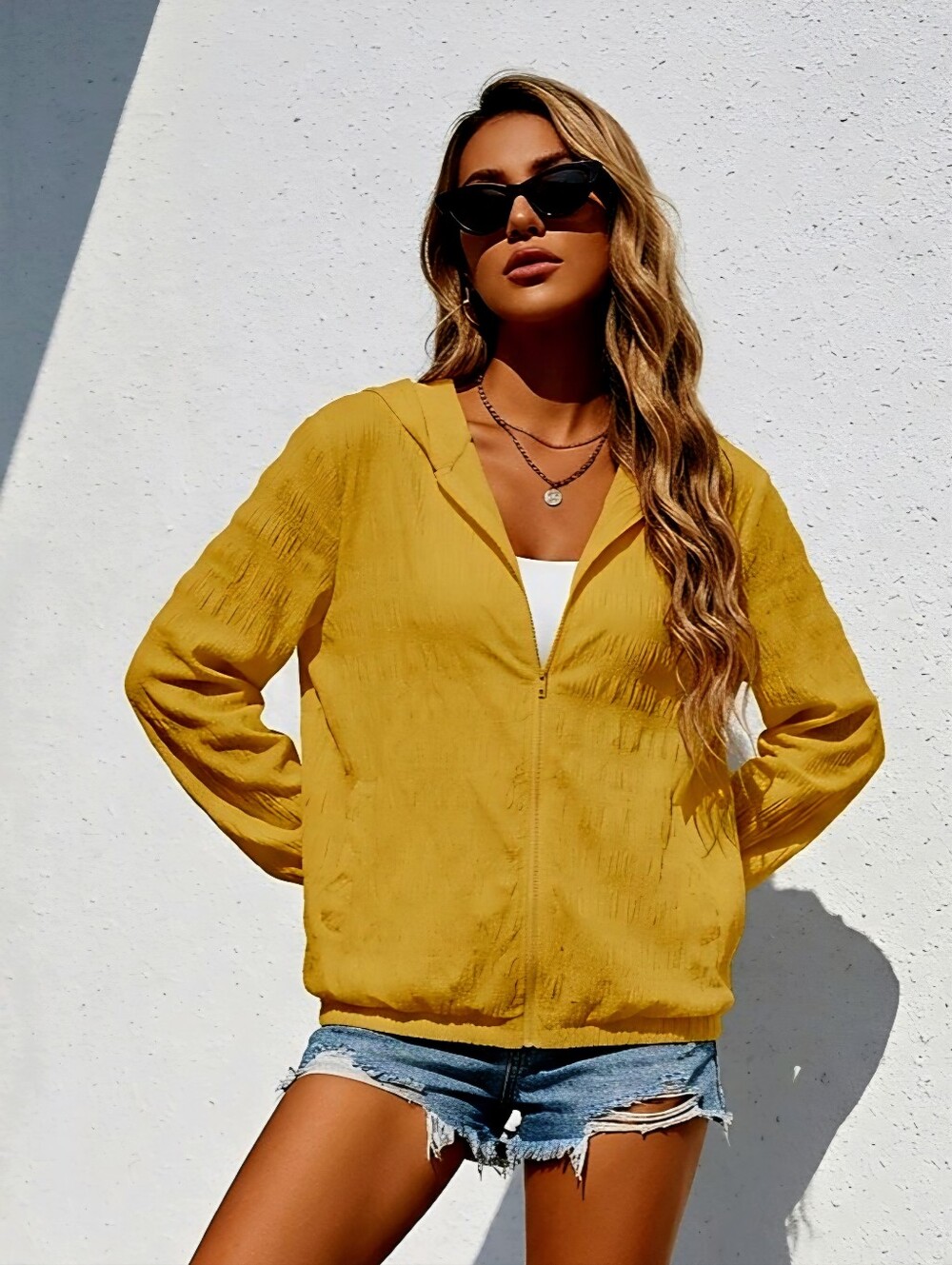 Lightweight Hooded Zip Jacket in Honey Mustard